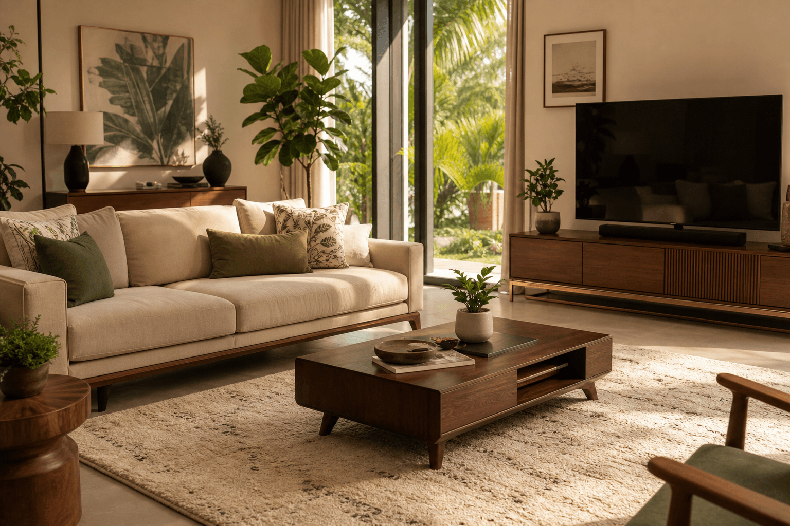A beautifully decorated modern living room with a sofa, coffee table and warm natural light